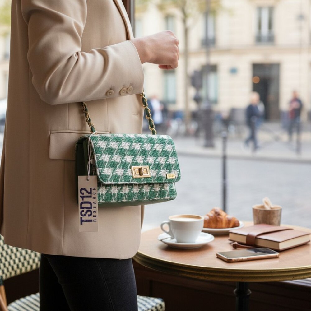 DESIGNER TSD12 GREEN /WHITE CHECK FABRIC PRINT CHAIN DETAIL SMALL CROSSBODY BAG